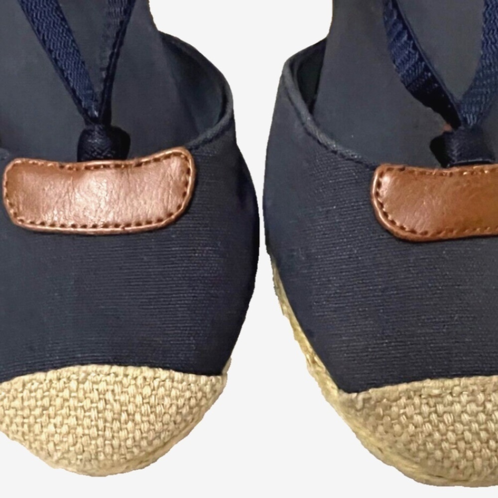 Chaps Clarissa Wedge Shoe Women's 8B Navy Blue Tan Denim Rope Platform Slingback - Picture 2 of 5